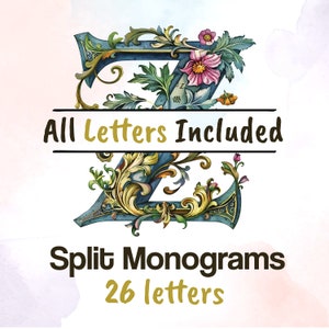Split Monogram Floral Illuminated letters Watercolor Clipart, English Alphabet Spilt Letter Svg, Mystical Font 26 SVG 26 PNG, Commercial Use