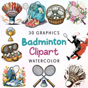 Badminton Watercolor Clipart, Badminton Svg Bundle, Badminton equipment Svg, Badminton racket,30 SVG, 30 PNG, Shuttlecock, Commercial Use