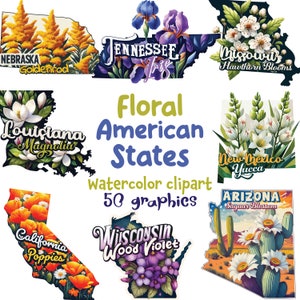Könnte beinhalten: Aquarell-Cliparts mit floralen Designs, die verschiedene amerikanische Bundesstaaten repräsentieren. Enthält Illustrationen von Goldrute, Iris, Weißdornblüten, Magnolie, Yucca, Mohnblumen, Wald-Veilchen und Saguaro-Blüten. Text: "Floral American States".
