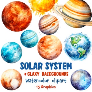 Op de afbeelding: Waterverf clipart van het zonnestelsel met planeten zoals de aarde, Jupiter, Saturnus en Mars. De planeten zijn geschilderd in tinten blauw, groen, rood, oranje en bruin. De afbeelding bevat de tekst "Solar System + Glaxy Backgrounds Watercolor clipart 15 Graphics".