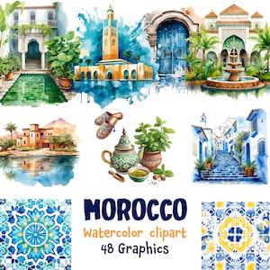 Morocco Watercolor Clipart, Moroccan landmarks, Moroccan Mosaic, 48 SVG, 48 PNG | transparent background | Digital Download | Commercial Use