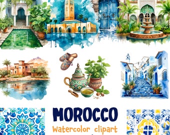 Morocco Watercolor Clipart: Moroccan Landmarks, Moroccan Mosaic, Maroc art (SVG, PNG Digital Download)