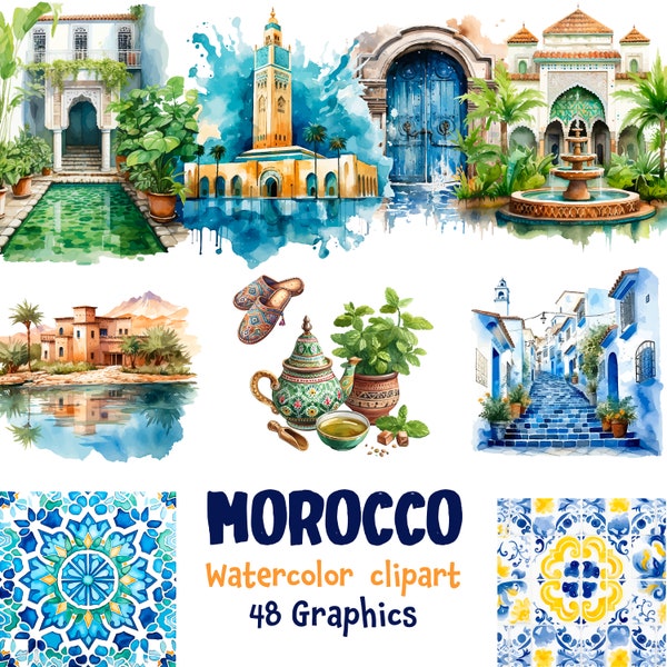 Clipart aquarelle Maroc, monuments marocains, mosaïque marocaine, 48 SVG, 48 PNG | fond transparent | Téléchargement numérique | Utilisation commerciale