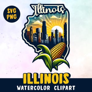 Clipart aquarelle de l'État de l'Illinois, États-Unis d'Amérique, carte de l'État de l'Illinois, cors de l'Illinois, Illinois USA, SVG et PNG, usage commercial