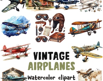 Watercolor Vintage Airplane Clipart: Aviation Graphics (36 PNG, SVG)