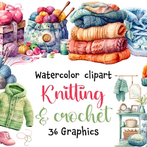 Knitting and Crochet Watercolor Clipart, yarn, needlework, beautiful knitting artwork, 38 SVG, 38 PNG  | Digital Download | Commercial Use