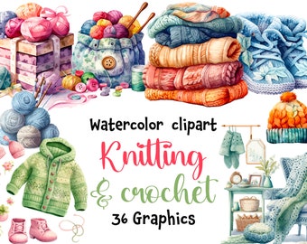 Knitting and Crochet Watercolor Clipart, yarn, needlework, beautiful knitting artwork, 38 SVG, 38 PNG  | Digital Download | Commercial Use