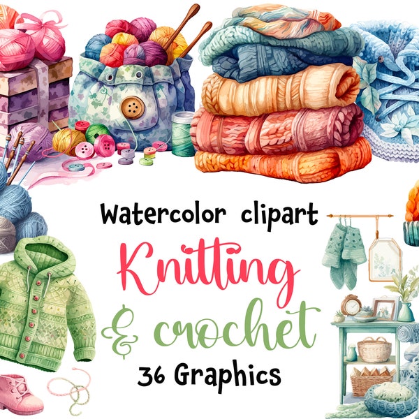 Knitting and Crochet Watercolor Clipart, yarn, needlework, 38 SVG, 38 PNG ( transparent background) | Digital Download | Commercial Use