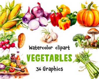 Watercolor Vegetable Clipart: 36 Farm Graphics (Digital Download)