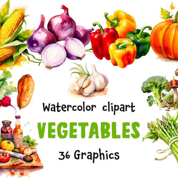 Vegetables Watercolor Clipart, Farm vegetables Basket,Gardening 36 SVG, 36 PNG (transparent background) | Digital Download | Commercial Use