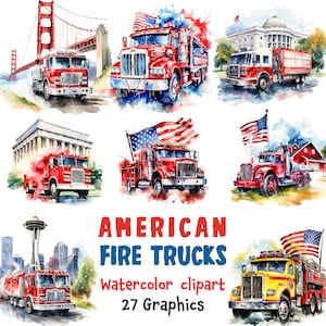 Pode incluir: Clipart de aquarela de 27 caminhões de bombeiros americanos em diferentes cenários. Os caminhões são vermelhos, amarelos e azuis com bandeiras americanas. O texto "American Fire Trucks" e "Watercolor clipart 27 Graphics" está incluído na imagem.