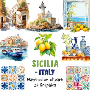 Sicilia Italy Watercolor Clipart, Sicilian landmarks, Sicily food Sicily Coast Nature  32 SVG, 32 PNG Transparent background Commercial Use