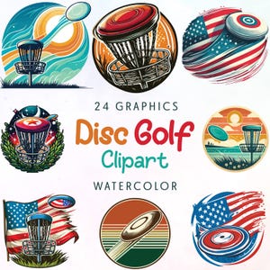 Puede incluir: Una colección de gráficos de clipart de disc golf. Los diseños presentan cestas de disc golf, discos voladores y elementos con temática de la bandera estadounidense. También se incluye el texto "Disc Golf Clipart" y "Watercolor".