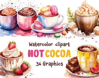 Watercolor Hot Cocoa Clipart: 36 PNG & SVG Hot Chocolate Designs (Digital Download, Commercial Use)