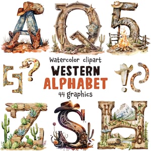 Letras y números occidentales acuarela clipart, FONT occidental, alfabeto occidental, alfabeto vaquero, salvaje oeste, 44 SVG, 44 PNG, uso comercial