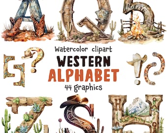Watercolor Western Alphabet Clipart: Cowboy Font, Western letter (44 SVG, 44 PNG)