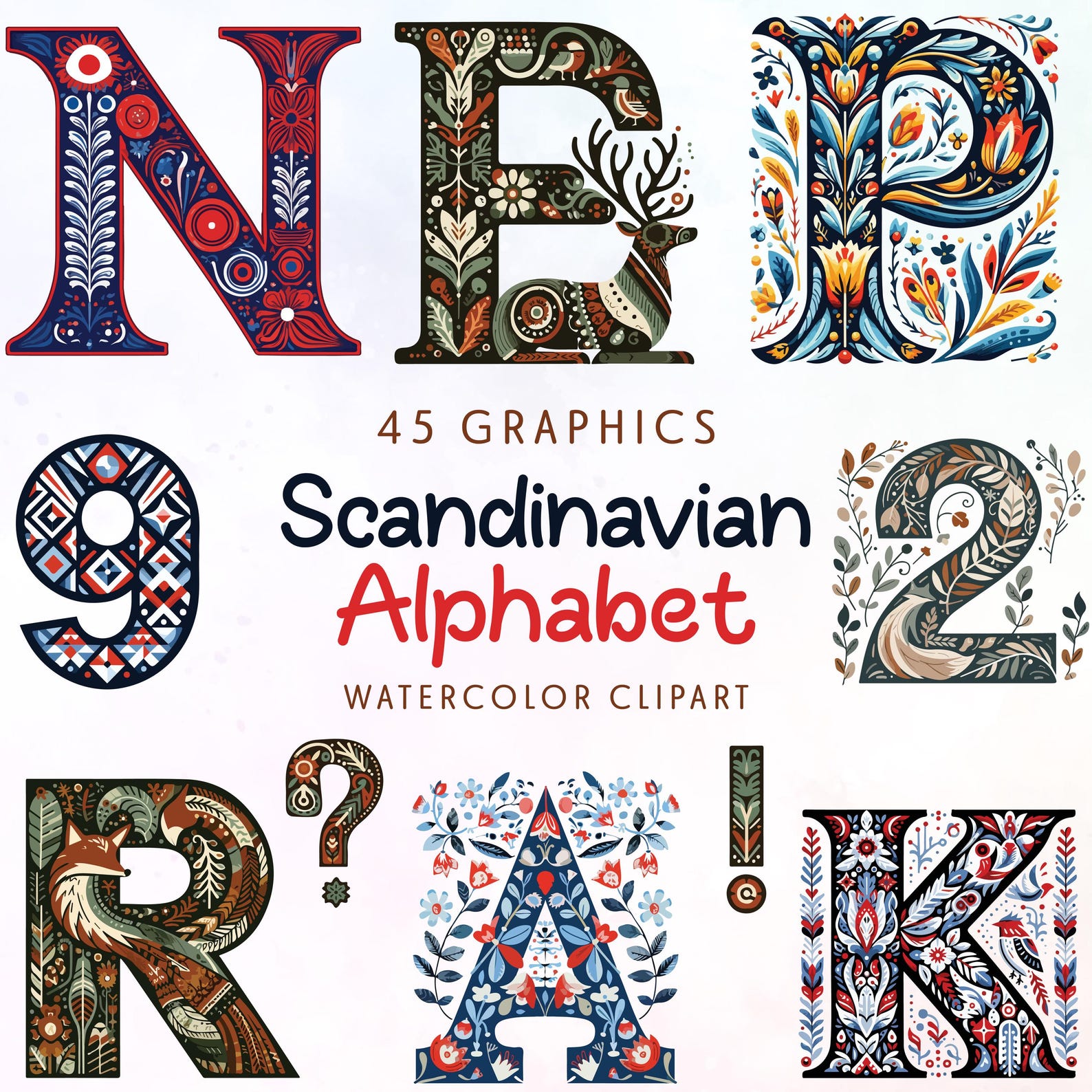 Watercolor Scandinavian Alphabet Clipart: Nordic Letters, Scandinavian ...
