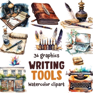May include: Watercolor clipart set of 36 writing tools, including a vintage typewriter, ink bottles, pens, feathers, a leather-bound journal, a scroll, and a laptop. The text "36 graphics WRITING TOOLS watercolor clipart" is included in the image.