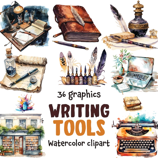 Writing Tools and Equipments Watercolor Clipart, Writing Materials, notebooks, typewriter 36 SVG, 36 PNG | Digital Download | Commercial Use