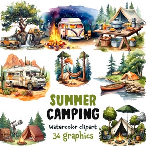 Camping Watercolor Clipart, Backpacking Clipart, Hiking Campfire, Summer Camp, Tents and backpacks, 36 PNG SVG, Source file, Commercial Use