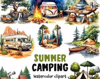 Clipart acquerello da campeggio: campo estivo, falò per escursioni, natura all'aperto, camper (36 PNG SVG)
