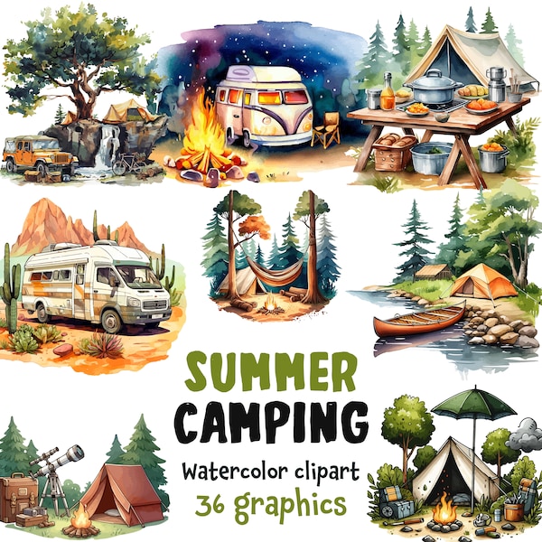 Clipart de acuarela de camping: campamento de verano, fogata de senderismo, naturaleza al aire libre, furgoneta de camping (36 PNG SVG)