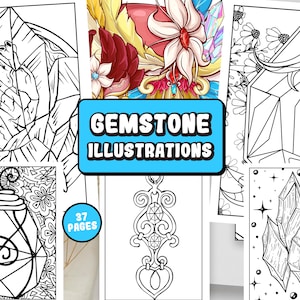 Gemstone Coloring Pages: Jewelry Designs, Crystal Illustrations (Instant Download)