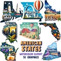 All 50 USA States Watercolor Clipart, Colorful Maps, Beautiful Landmarks, State maps 50 SVG, 50 PNG, Transparent background | Commercial Use