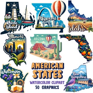 Alle 50 USA Staaten Aquarell Clipart, bunte Karten, schöne Sehenswürdigkeiten, Zustand Karten 50 SVG, 50 PNG, transparenter Hintergrund | Kommerzielle Nutzung