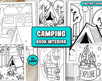 Målarbilder för camping: Husvagnscamping, vandring, 34 äventyrsillustrationer för barn (digital nedladdning)