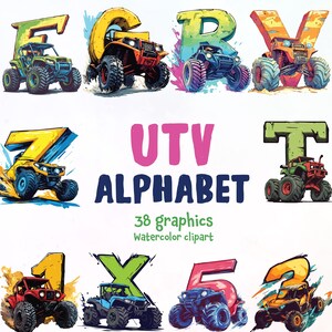 Può includere: Grafica colorata dell'alfabeto UTV con le lettere F, G, R, V, Z, T, 1, X, 5 e 2. Ogni lettera presenta un design di monster truck in vari colori. Il testo "UTV ALPHABET" è visualizzato in rosa e blu.