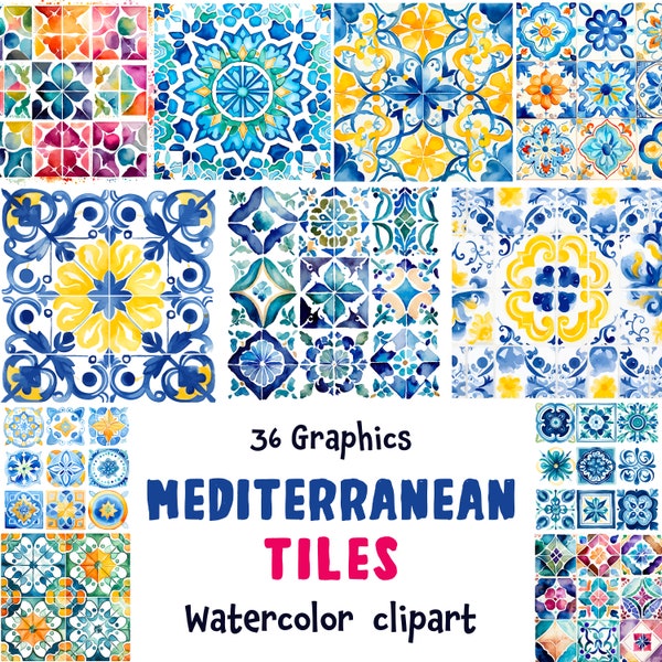 Mediterranean Ceramic Tiles Watercolor Clipart, Moroccan mosaic Italian Portuguese tiles 36 SVG 36 PNG Transparent background Commercial Use