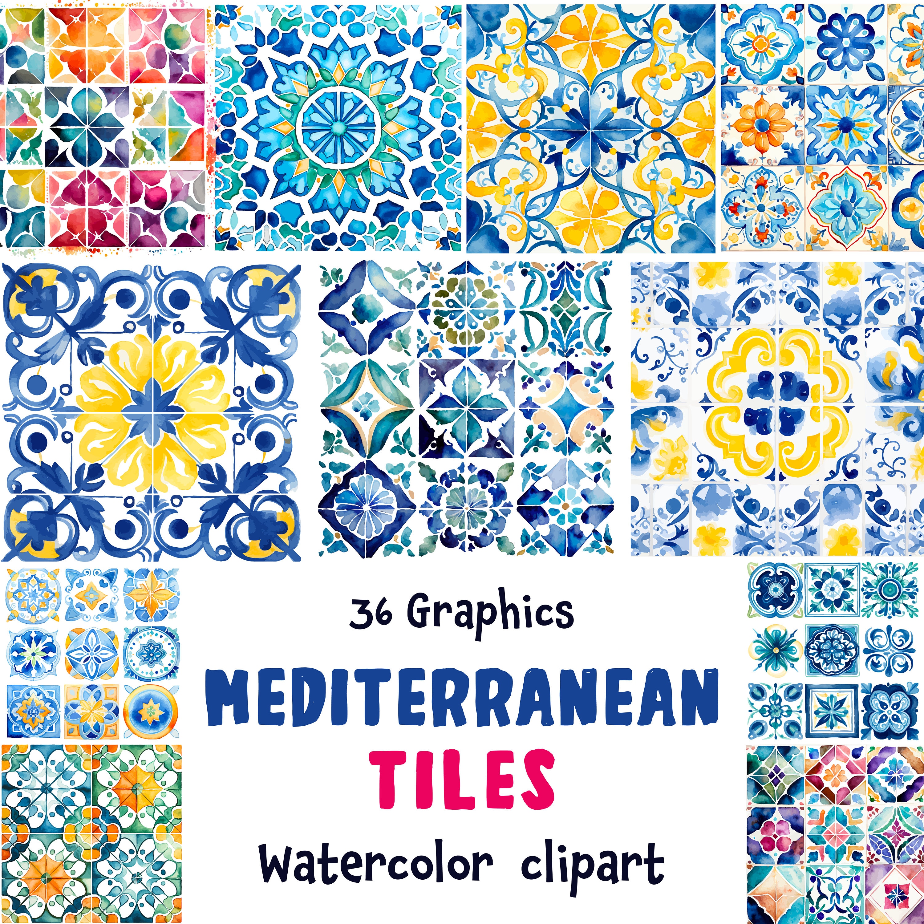 Mediterranean Patterns Watercolor Mediterranean Tiles Clipart: Mediterranean Patterns ...