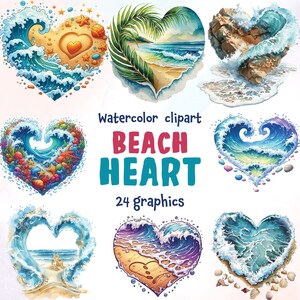 May include: A set of 24 watercolor clipart images of beach hearts. The hearts are made of blue waves, sand, seashells, and other beach elements. The images are perfect for adding a touch of summer to your designs.