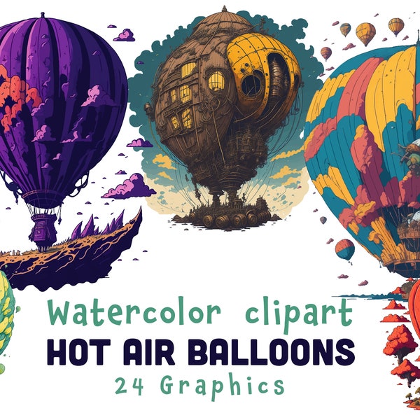 Watercolor Hot Air Balloons Clipart , Watercolor painting, 24 SVG files, 24 PNG files and editable source file, Commercial Use