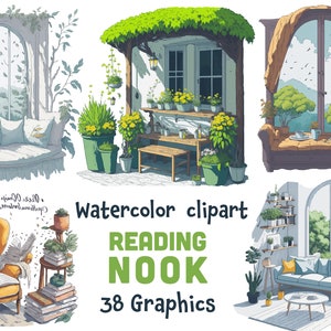 Cozy Reading Nook Watercolor Clipart, Reading Corner, 38 SVG files, 38 PNG files ( transparent background ) | Source file | Commercial Use