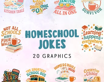 Imágenes prediseñadas de citas divertidas sobre educación en casa: chistes de madres que educan en casa, frases sobre educación en casa, diseños retro de educación en casa, 22 gráficos (descarga digital)