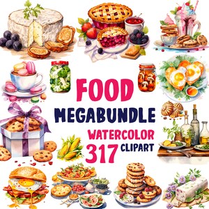 May include: A watercolor clipart set of 317 food illustrations. The set includes a variety of foods, such as fruit, vegetables, baked goods, and drinks. The illustrations are in a realistic style and are perfect for use in a variety of projects, such as food blogs, cookbooks, and social media.