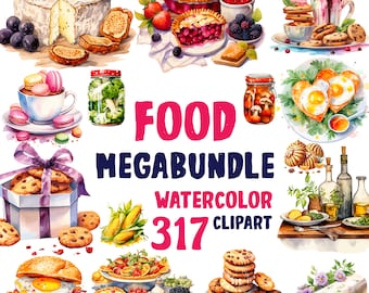 Watercolor Food Clipart Megabundle: mixed food bundle, fruits, vegetables, cheese, cookies, 317 PNG, SVG Images (Commercial Use)