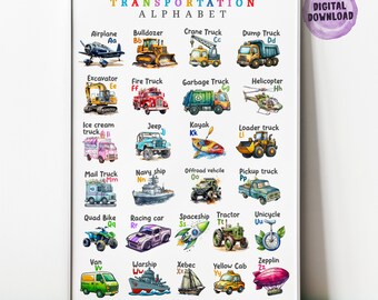 Pôster em aquarela com o alfabeto de transporte: impressão de veículos ABC (download digital)