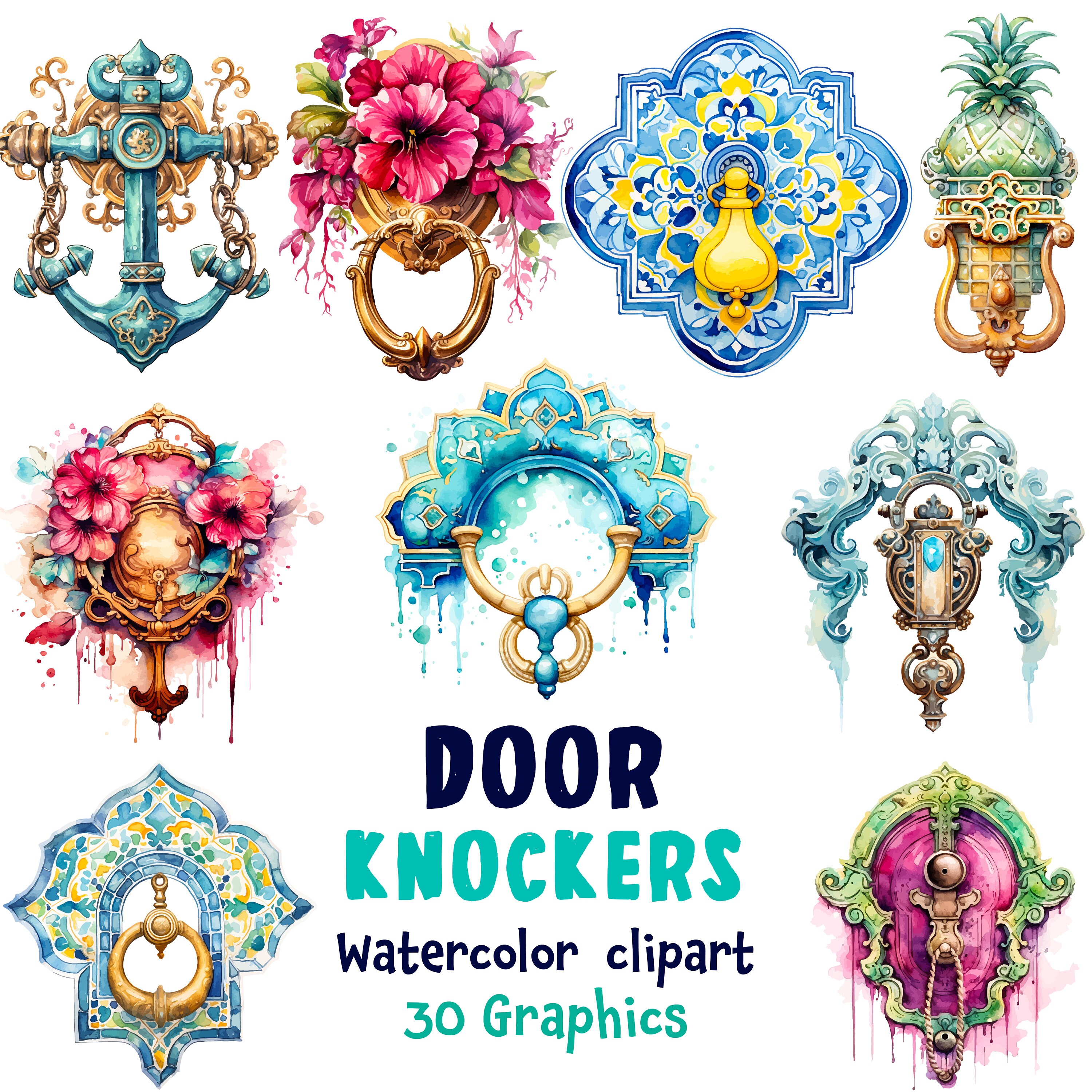 Ornate Door Knocker Watercolor Clipart, vintage Door sign, Brass door knocker, 30 SVG, 30 PNG ( transparent background) | Instant Download