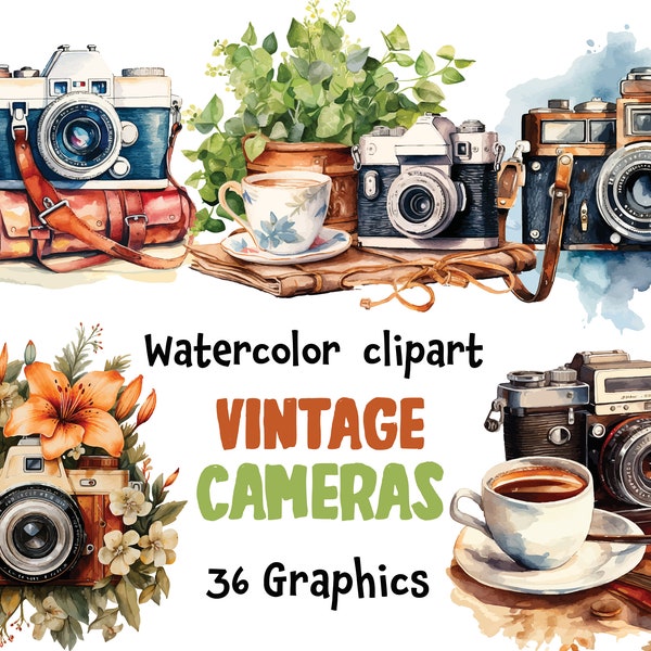 Vintage Cameras watercolor Clipart, Antique Camera | 36 SVG files, 36 PNG files ( transparent background ) | Source file | Commercial Use