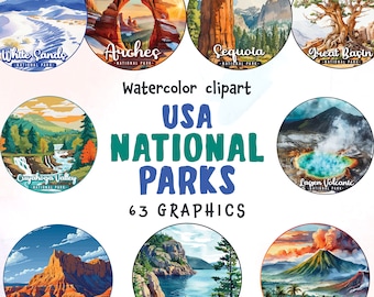 May include: Watercolour clipart of 10 different US National Parks. Each park is represented by a circular image with a watercolour illustration of a prominent feature of the park. The text "USA NATIONAL PARKS 63 GRAPHICS" is written in green and blue text below the images.