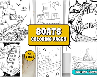 May include: A set of 30 black and white coloring pages featuring different types of boats. The title of the set is "BOATS COLORING PAGES".