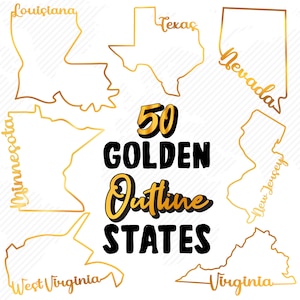 Tous les contours dorés des 50 États des États-Unis, cartes des États américains, contours des États-Unis, État de l'or, 50 svg et png, États dorés des États-Unis, usage commercial