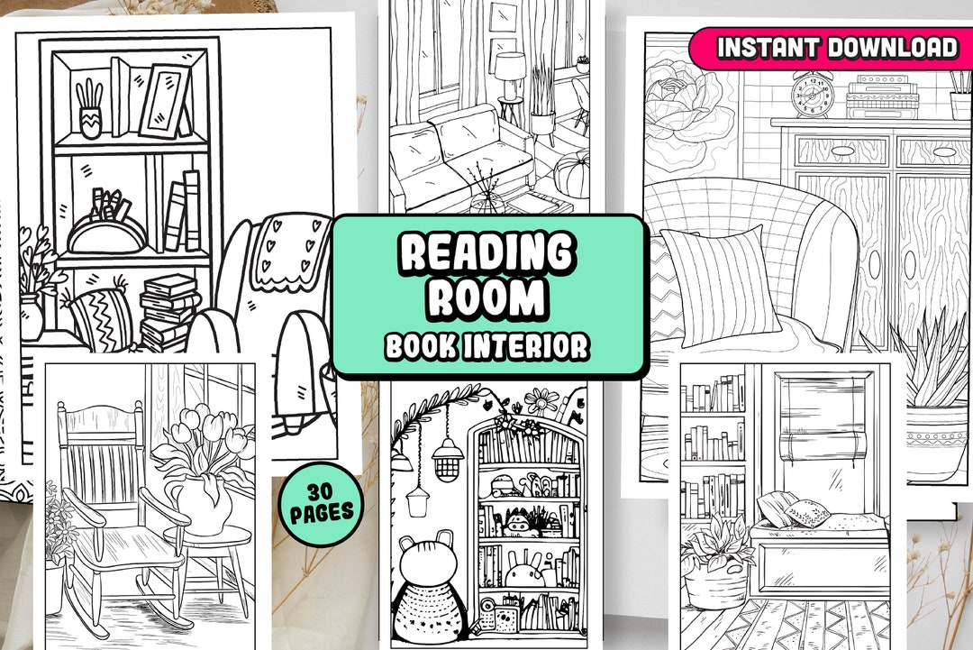 Cozy Reading Room Coloring Pages, Cozy Reading Corner, Cozy Scenes