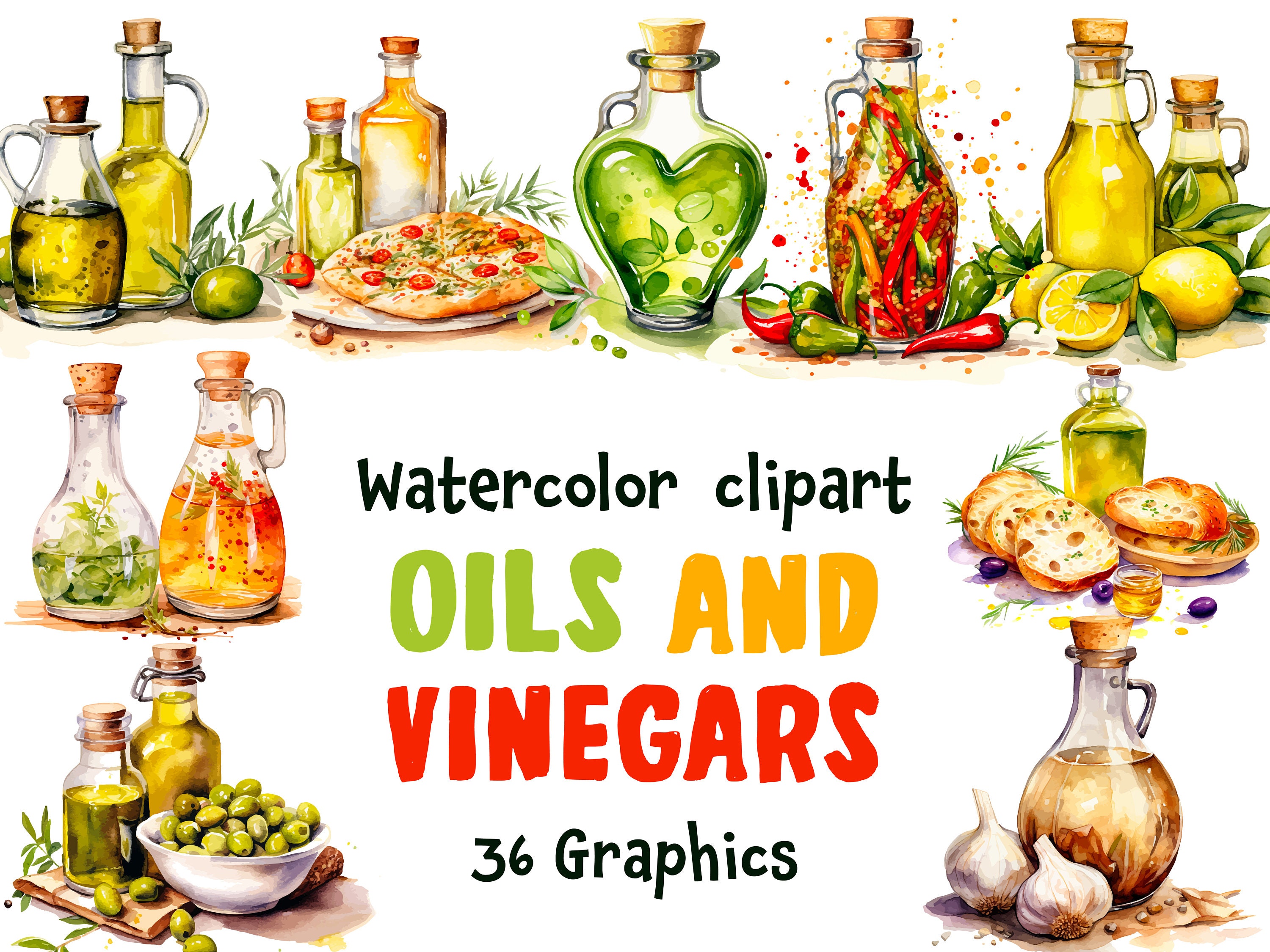 Oil and Vinegar Bottles Watercolor Clipart, Kitchen Decor Clipart