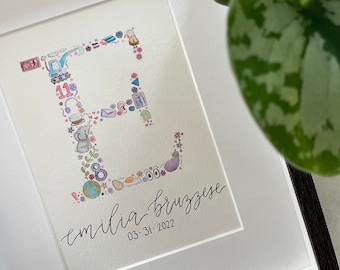 Custom Alphabet Baby name print | Watercolour initial illustration | Nursery decor | Baby shower gift | Newborn name art | Personalized gift