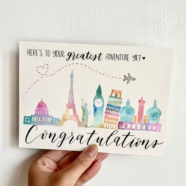 Travel themed congratulations card | Engagement and wedding card | Here’s to your greatest adventure | Watercolour card | Handmade card