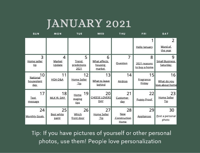 Winter Real Estate Content Calendar. More than 60 creative Etsy